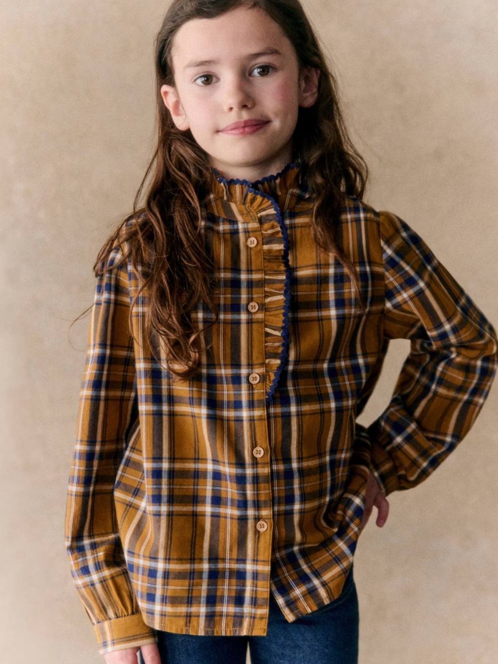 Sézane Petit (Kids) Chlo Ochre Check Ruffle-Trim Button-Down Shirt